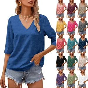 Imily Bela Women Fashion Half Sleeve V-Neck T-Shirt Solid Loose Basic Tops