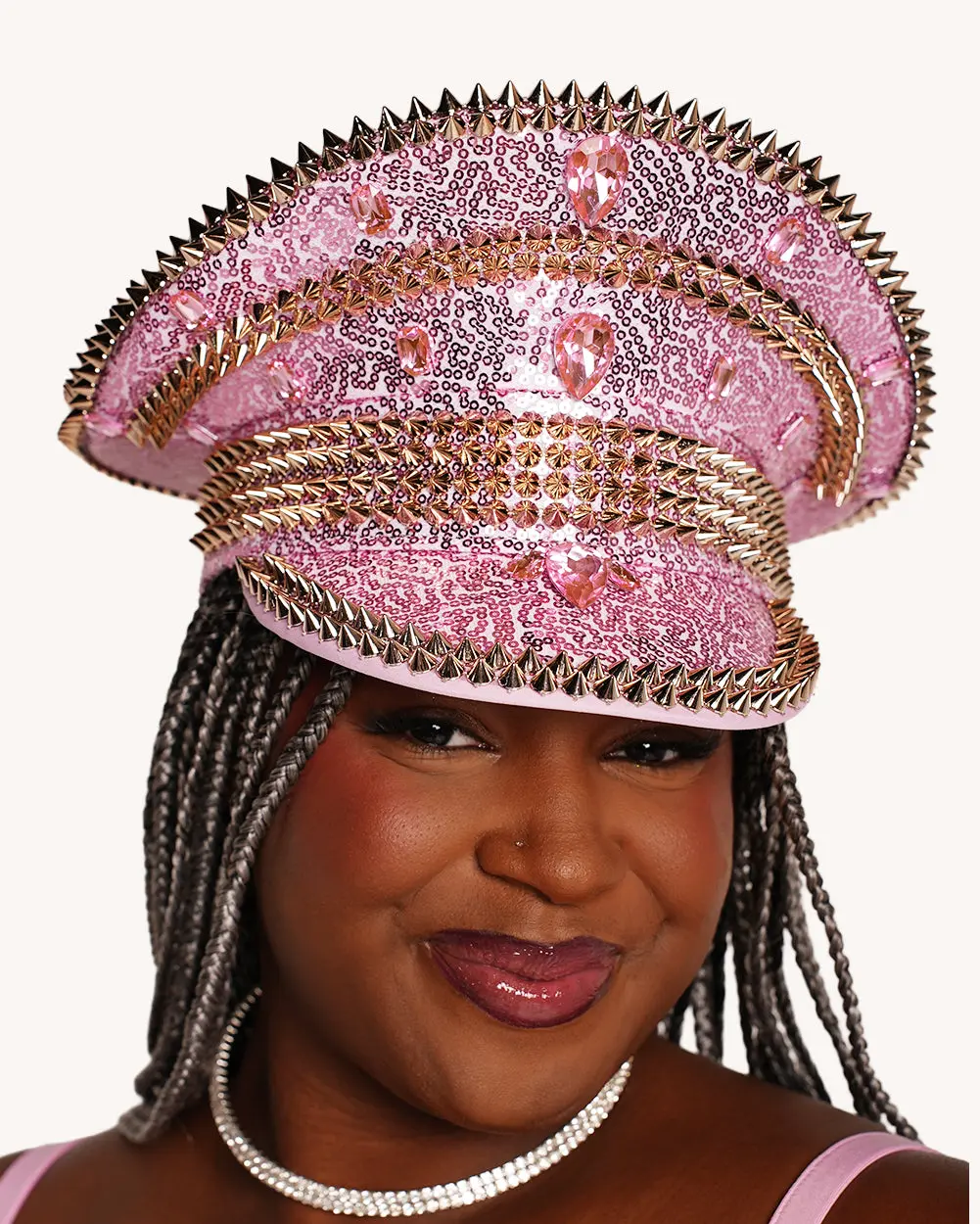 Women's Pink Glitter Captain Hat - Maximalist Disco Diva Style with Rhinestones, Structured Fit for Any Head Size, Hats & Accessories for Festival-Goers, Accessories For Women, Hats For Women
