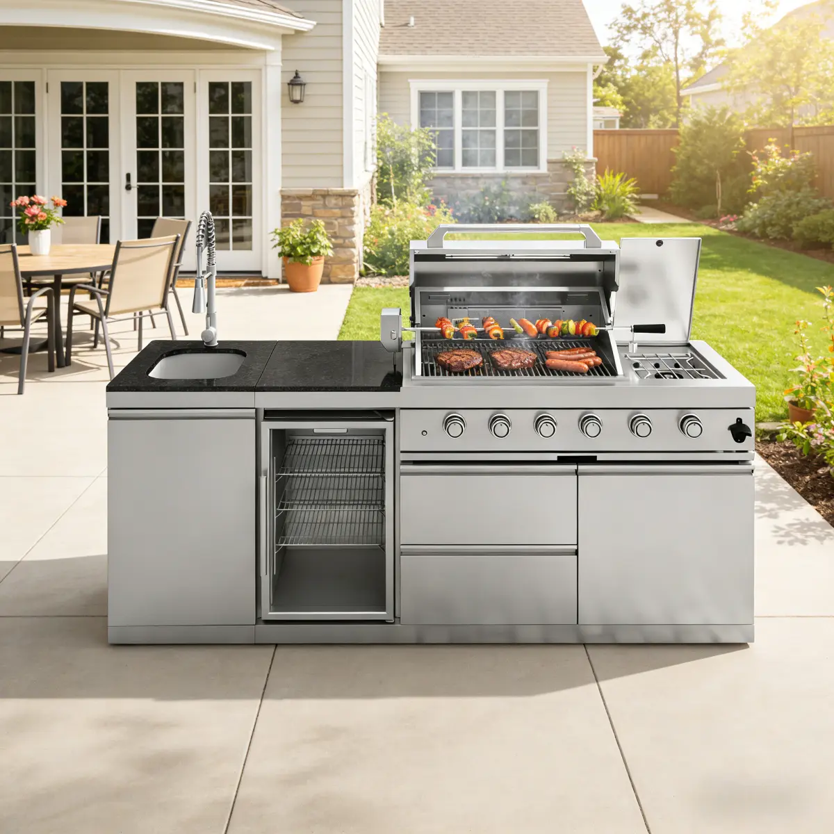 85-Inch Heavy Duty Traditional Stainless Steel Outdoor Kitchen Island, 4-Burner 72000 BTU Gas Grill with Wine Cooler, Compact Refrigerator, Rotisserie Kit, Granite Countertops, Sink, Cabinets, Storage Drawers, Adjustable Shelves, Double-Lined Grill Hood