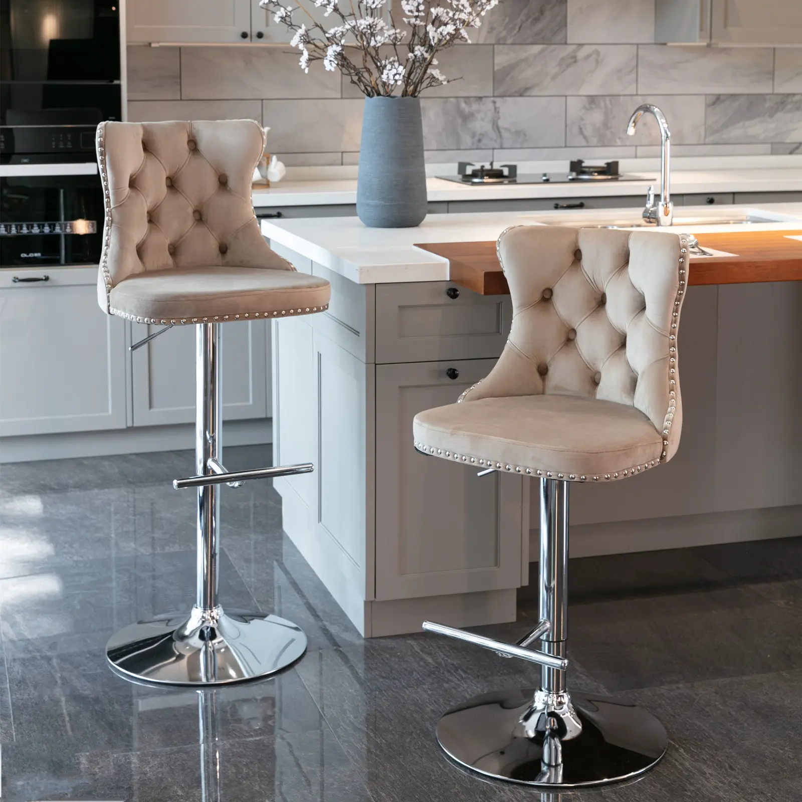 Modern Upholstered Chair Set - 2 Seat Home Bar Furniture, 360 Rotatable Velvet Barstools with Height Adjust (25”-33”), Chrome Metal Base, Tufted Comfortable Seat for Kitchen Island, Pub