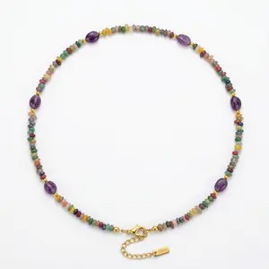 Nandudu Beaded Choker Necklace for Women, Colorful Natural Gemstones Pearl Choker 14K Gold Plated Pendant Healing Crystal Necklace Handmade Stone Jewelry Gift