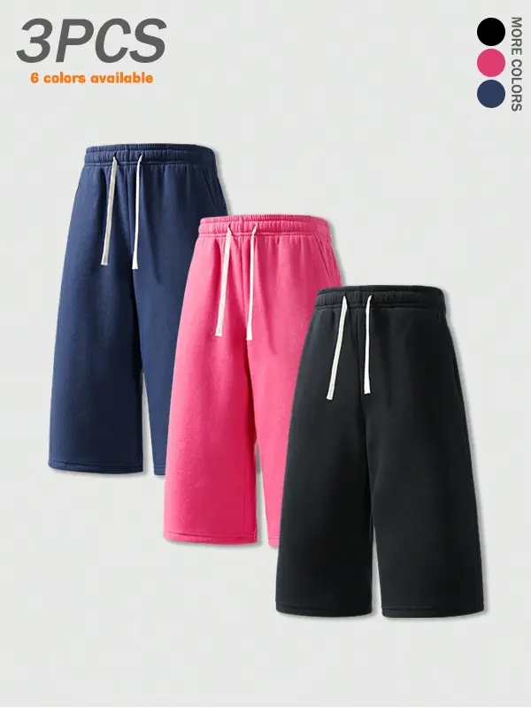 Pack of 3 men’s casual shorts: seven-eighths length, simple solid color, versatile drawstring elastic waistband, loose fit—ideal for summer streetwear, everyday casual wear, sports, and fitness.summervibes