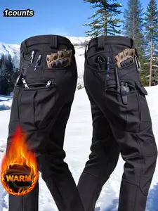 Men's Fleece Lined Work Pants, Soft Shell Velvet Lining Fabric, Zipper Pockets, Windproof Thick Warm Workwear, Outdoor Camping Hiking Pants Trouser