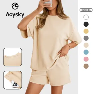 Aoysky Women's Minimalist 2-Piece Waffle Knit Matching Cartoon Clothes Set - Round/Crew Neck Short Sleeve Shirt, Loose-Fit Shorts, Casual Summer Women's 2 Piece Sets