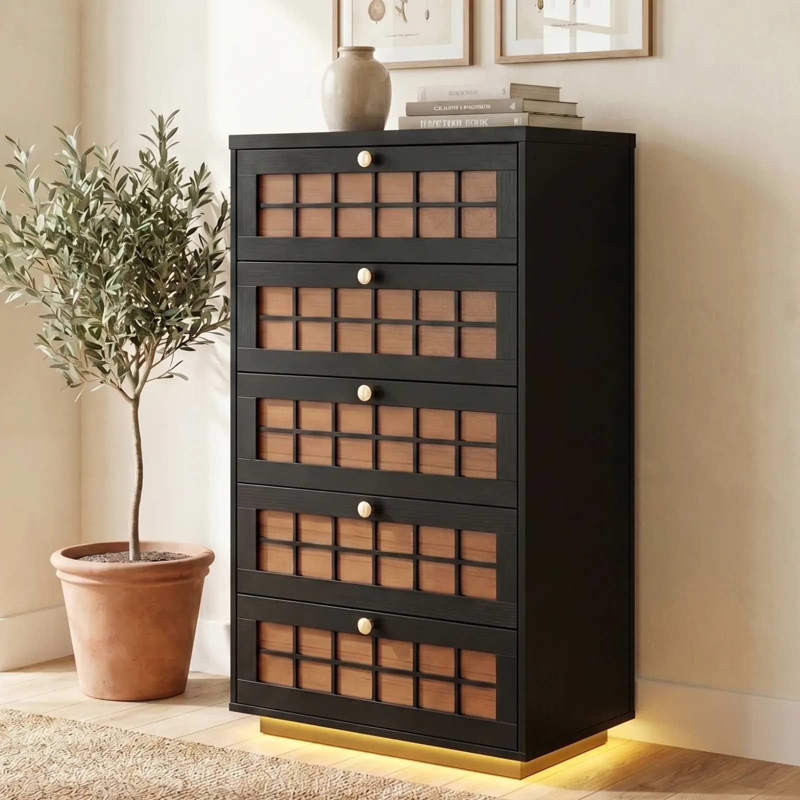 Loomie 5-Drawer Tall Aesthetic Organizational Chest of Drawers with Charging Station, LED Lights, Brown Plaid Fronts & Gold Metal Knobs, Floating TV Stand Storage Organizer for Bedroom, Assembly Required