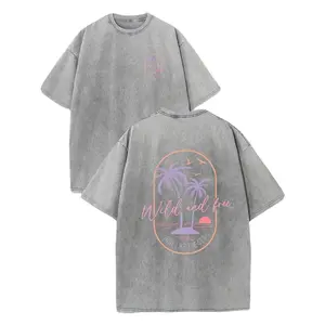 Men's Heavyweight Washed Cotton T-Shirt, Retro Surf Style Tropical Beach Sunset Palm Tree Print, Light Pink & Orange Vintage Design,Loose Casual Crew Neck Short Sleeve, Soft Breathable Summer Top for Vacation & Daily Wear Menswear graphic tee t shirt