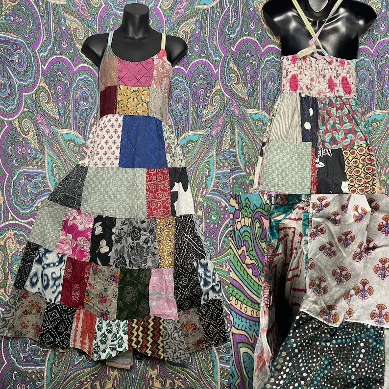 Patchwork Midi Dress (Natural) hippie patchy quilted neutral dye colorful hippy festival free spirit
