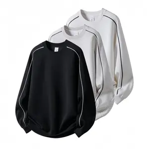 Men's cotton long-sleeve crew neck sweatshirt, breathable, stylish, casual pullover, solid color knitwear, comfortable men's top for autumn and winter, new classic simple crew neck sweatshirt with contrast stripe design, loose and comfortable, versatile a