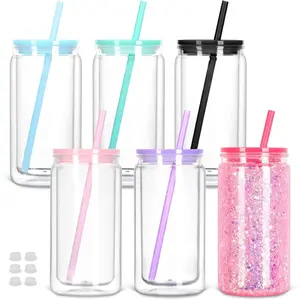 16 Oz Plastic Snow Globe Tumbler with Lid and Straw, 6 Pack Double Wall Pre Drilled Plastic Mason Jar Cups Can for Snow Globe Glitter DIY (Mixed Colors)
