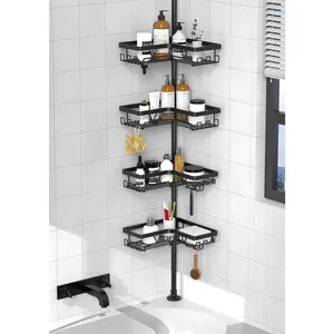 Corner Shower Caddy Tension Pole - Shower Tension Rod Organizer, Floor to Ceiling Shower Caddy 25-114.2 inch, Waterproof Corner Towel Rack, Black