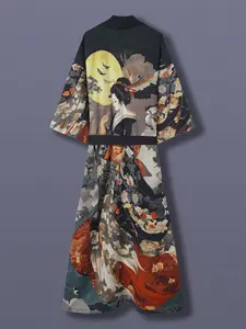 Traditional Ethnic Style Japanese Beauty Print Long Sleeve Satin Kimono Cardigan, Women's Elegant Streetwear Casual Outerwear