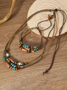 Vintage Ethnic Style Wooden Bead Color Stone Braided Necklace Bracelet Set, Matching Jewelry Set, Multi-Piece Alloy Jewelry Series, Casual Boho Accessories
