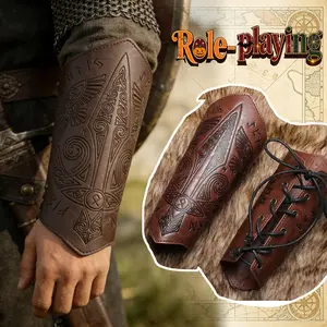 Men PU Leather Arm Guard Bracelet, Medieval Knight Warrior Viking Vintage Design, Halloween Cosplay Costume Accessory