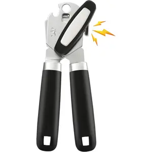 Can Opener Manual with Magnet, Heavy Duty Stainless Steel Can Opener Smooth Edge, Rubber Grip Handle & Easy Turn Knob, Multifunctional Kitchen Gadget for Seniors, Sharp Cutting Blade, Black