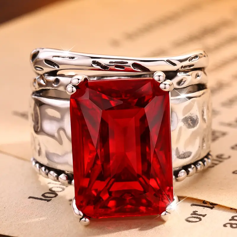 Vintage Red Emerald Cut Statement Ring – Antique Inspired Elegant Copper Jewelry for Women  ,rings for women