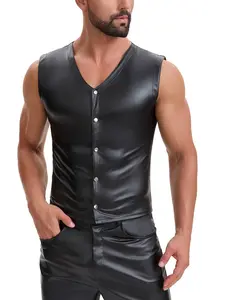 Men's Soft Matte Leather V-Neck Vest, Sexy Sleeveless Plain Tank Top, Button Decorated Elastic Back, Perfect for Clubwear, Vest Tops