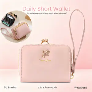 2-in-1 Removable PU Leather Short Card Wallets for Women - Stylish Versatile Portable Wrist Strap Design Card Holder Wallet Paired with a Classic Kiss-Button Coin Pouch,Daily Use,Gift for Mother,Mother's Day Gift