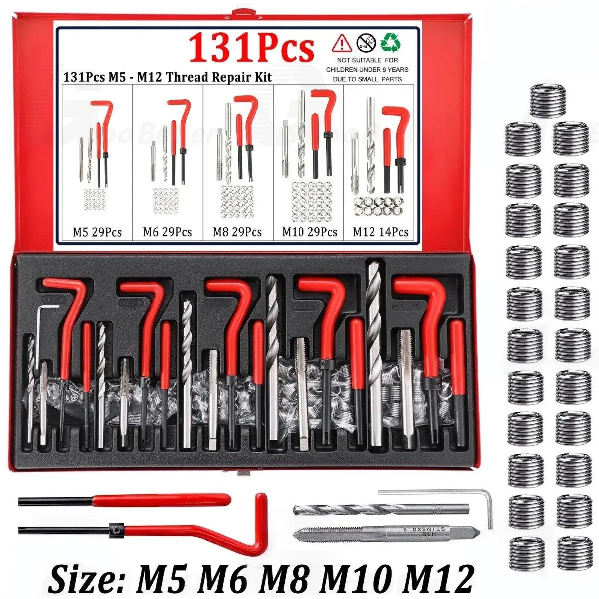 131PCS Metric Helicoil Thread Repair Kit - Rethreads Stripped Threads for M5, M6, M8, M10, M12 Sizes