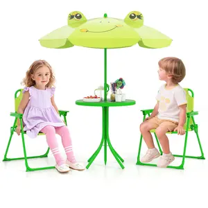 COSTWAY - 4 Pieces Kids Picnic Set with 2 Folding Chairs and Height Adjustable Umbrella-Light Green