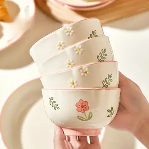 4Pcs Flower Grass Ceramic Bowl Cartoon Ceramic Anti-Scald Soup Bowl Home Kitchen Kitchen Bowls Kitchenware Ceramics Noodle Ramen Tableware Bowl Set
