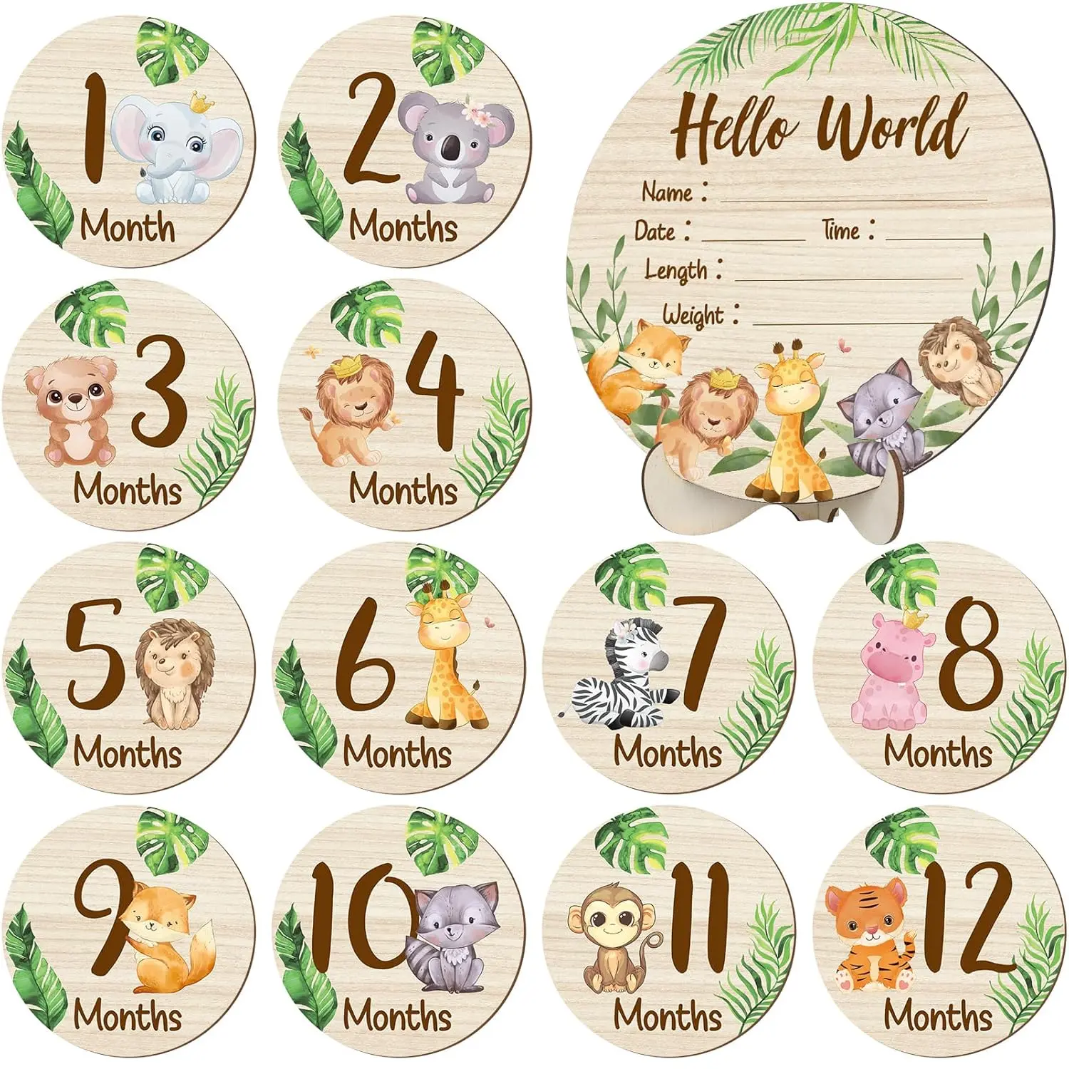 Wooden  Monthly Milestone Cards Double Sided  Birth Announcement Sign, Hello World Milestone Sign Discs  and  Shower Gifts for  Photo Props