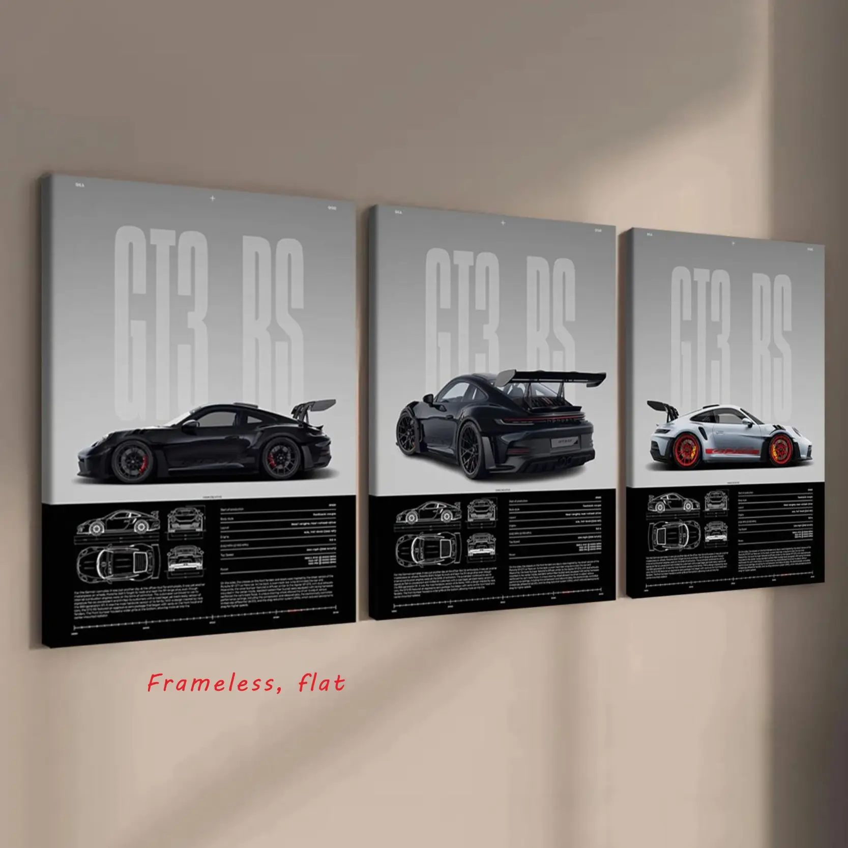 3-Piece Set, Porsche GT3 RS Series Posters, Wall Decor Pictures, Unframed Wall Art, living room decor Modern art Home posters Wall art decoration Modern abstract design Print Design Waterproof Artwork Frameless Home Decor Accessory Supercar Canvas Prints