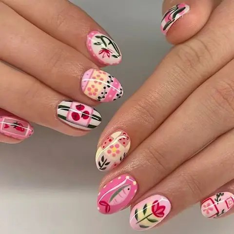 24pcs Spring Garden Oval Nails, Hand-Painted Floral Nail Art, Flower Design Nails, Decorative Nails, Detachable Nail Stickers, No Glue Needed, Reusable, Perfect for Dating and Travel