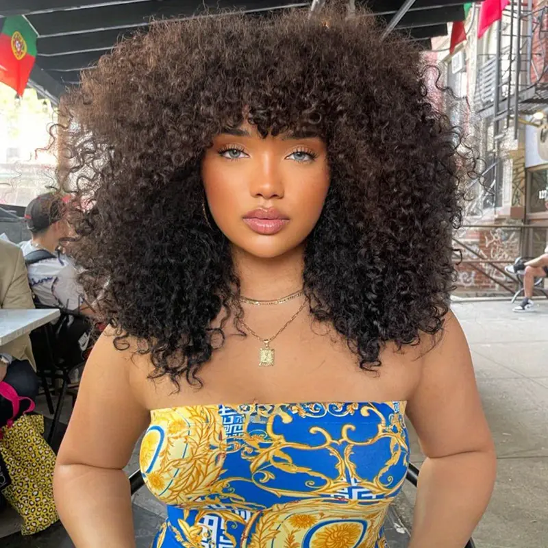 Afro Kinky Curly Wig With Bangs Human Hair For Black  display picture 2
