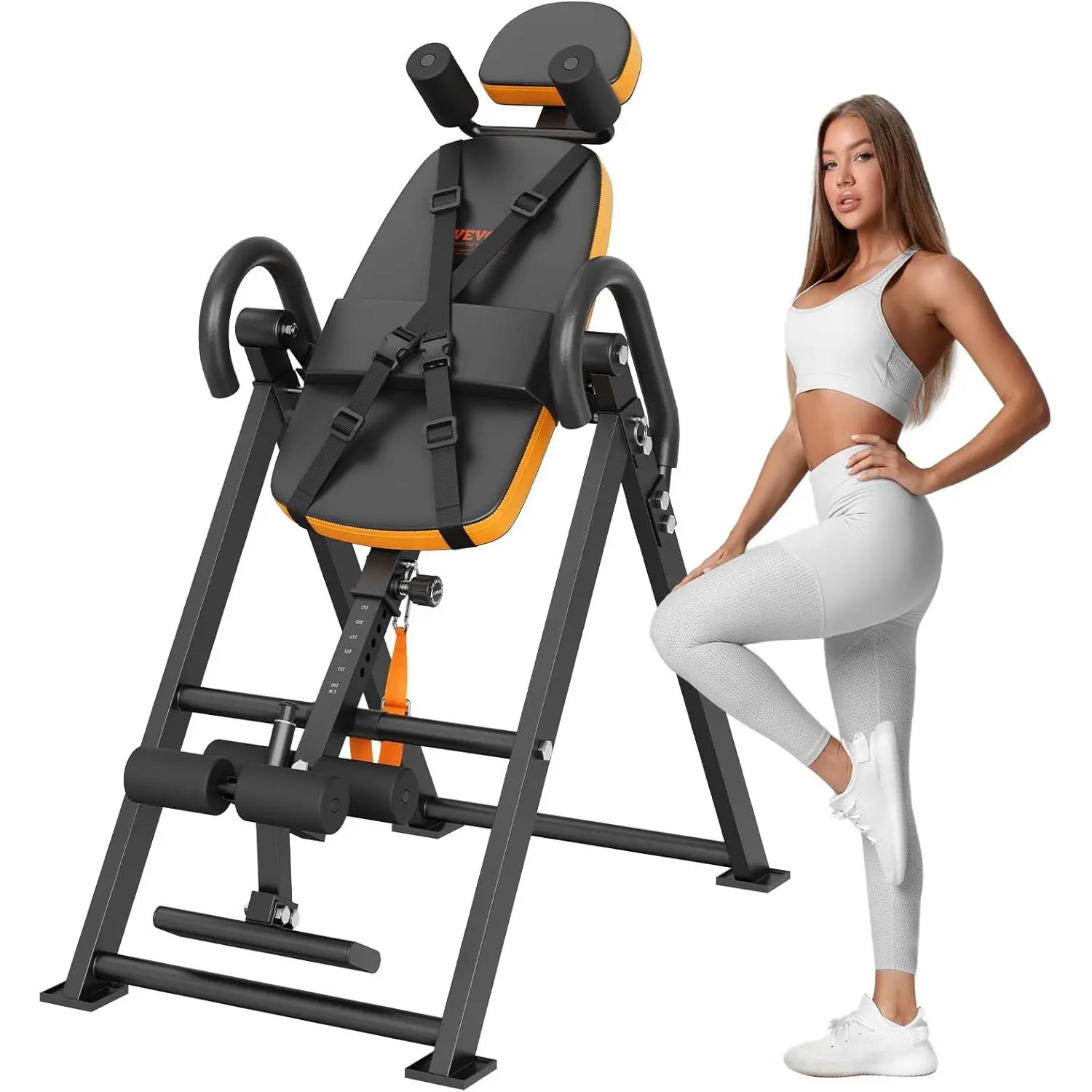 VEVOR Inversion Table for Home Gym, 300 lbs Capacity Steel Frame Back Stretcher, Foldable Heavy-Duty Decompression Machine with Folding Design, Adjustable Height, Removable Shoulder Rollers, Headrest, Ankle Lock, Protective Belt, Unisex, Steel Pipe, Durab