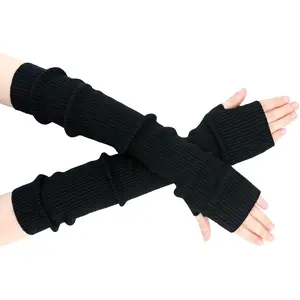Winter Fingerless Long Gloves for Women Cashmere Blended Knitted Arm Warmers Super Soft Black Arm Sleeves