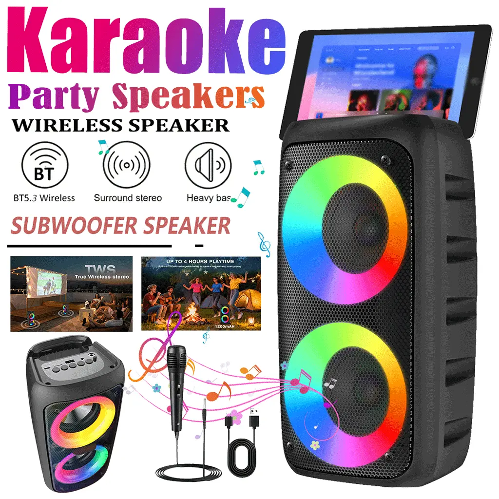 Portable Wireless Bluetooth Speaker with Disco Light - Audio Device Supporting TF+USB+FM, TWS, MIC - Ideal for Outdoor Camping, Indoor Music Use, Travel Gift,techvibes