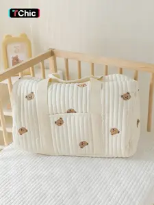 Cute Bear Pattern Quilted Storage Bag, Lightweight Large Capacity Shoulder Bag, Multi-functional Storage Bag for Outdoor, Newborn to Toddler Essentials, Best Diaper Bag, Multifunctional Diaper Bag, Lightweight Diaper Handbag, Travel Diaper Bag