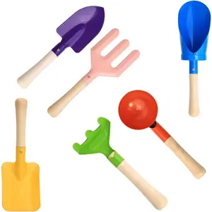 6 PCS 8" Kids Gardening Tools, Metal Sandbox Digging Toys with Sturdy Wooden Handle, Safe Beach Snow Lakeside Sensory Playset Includes Cylinder, Spoon, Fork, Rake, Flat & Pointed Shovels for Children
