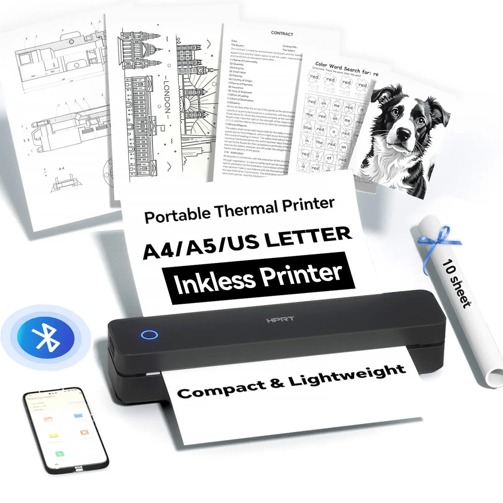 Inkless Portable Printer, Wireless Bluetooth Thermal Printer for Travel & Office, Compatible with iOS, Android & Laptop, Supports 8.5"x11" US Letter & A4 Paper, Compact Thermal Printing#SummerSale