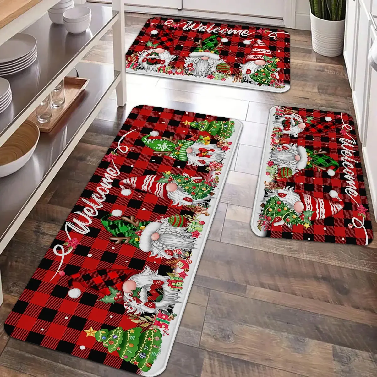 2/3pcs Christmas Kitchen Carpet Floor Mat, Retro Santa Claus, Buffalo Grid, Christmas Tree Pattern Non slip Flannel Floor Mat, Suitable for Kitchen, Entrance Doors, Laundry Room, Bathroom, Living Room, Room Christmas Decor Floor Mat, Vintage Runner Rug