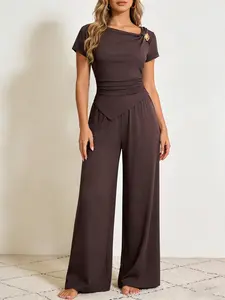 2 Piece Spring Summer Outfit Set Women | Solid Asymmetrical Neck Ruched Top + Wide Leg Pants | Old Money Quiet Luxury Style for Daily Office Vacation Wear