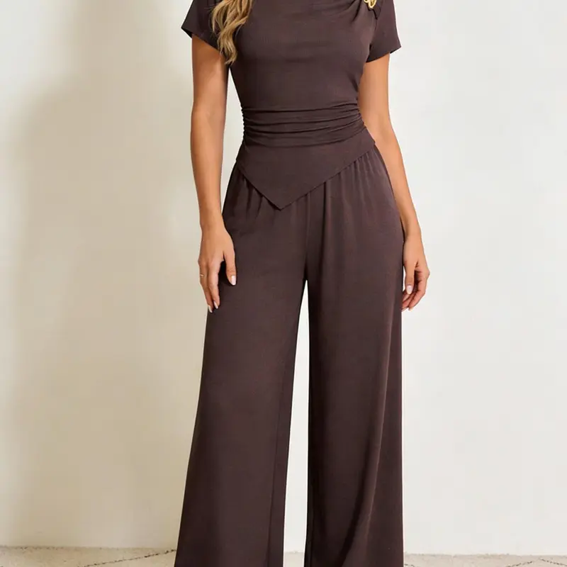 2 Piece Spring Summer Outfit Set Women Clothes | Solid Asymmetrical Neck Ruched Top with Button + Wide Leg Loose Pants | Old Money Quiet Luxury Casual Style for Daily Office Vacation Wear Casual Everyday Set