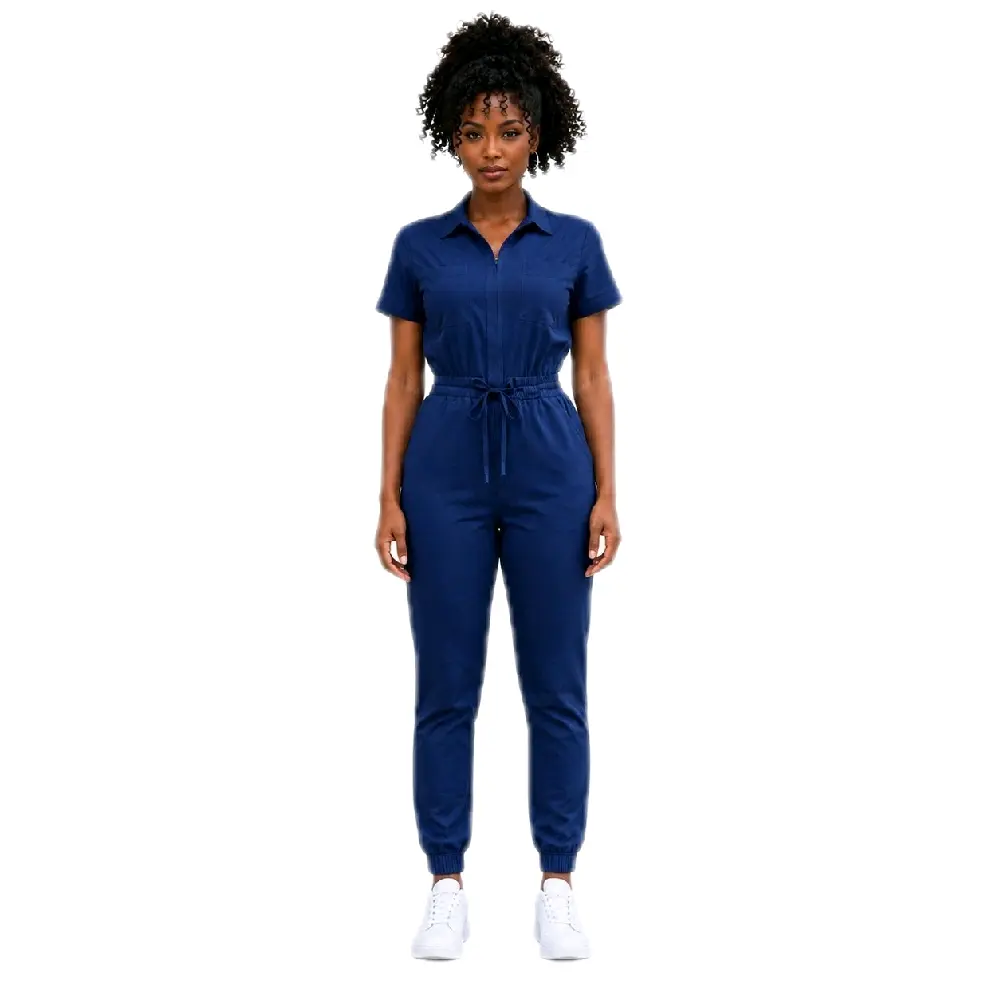 Lady's Heart Align Scrubs Jumpsuit, Women's Short-Sleeve Medical Uniform Clothes, Zipper Front, Multiple Pockets, Fit Navy Blue Workwear Uniforms