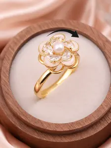Cute Pink Enamel Flower Spinning Ring Pearl Center Fidget Anxiety Relief Ring Elegant Fashion Jewelry for Women Girls Spinner Fidget Rings