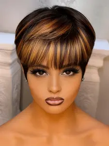1b30 color pixie cut human hair wigs Party holidays gift wig pixie cut wig short straight human hair wig machine made for women daily party cosplay gift use Natural Looking Wig
