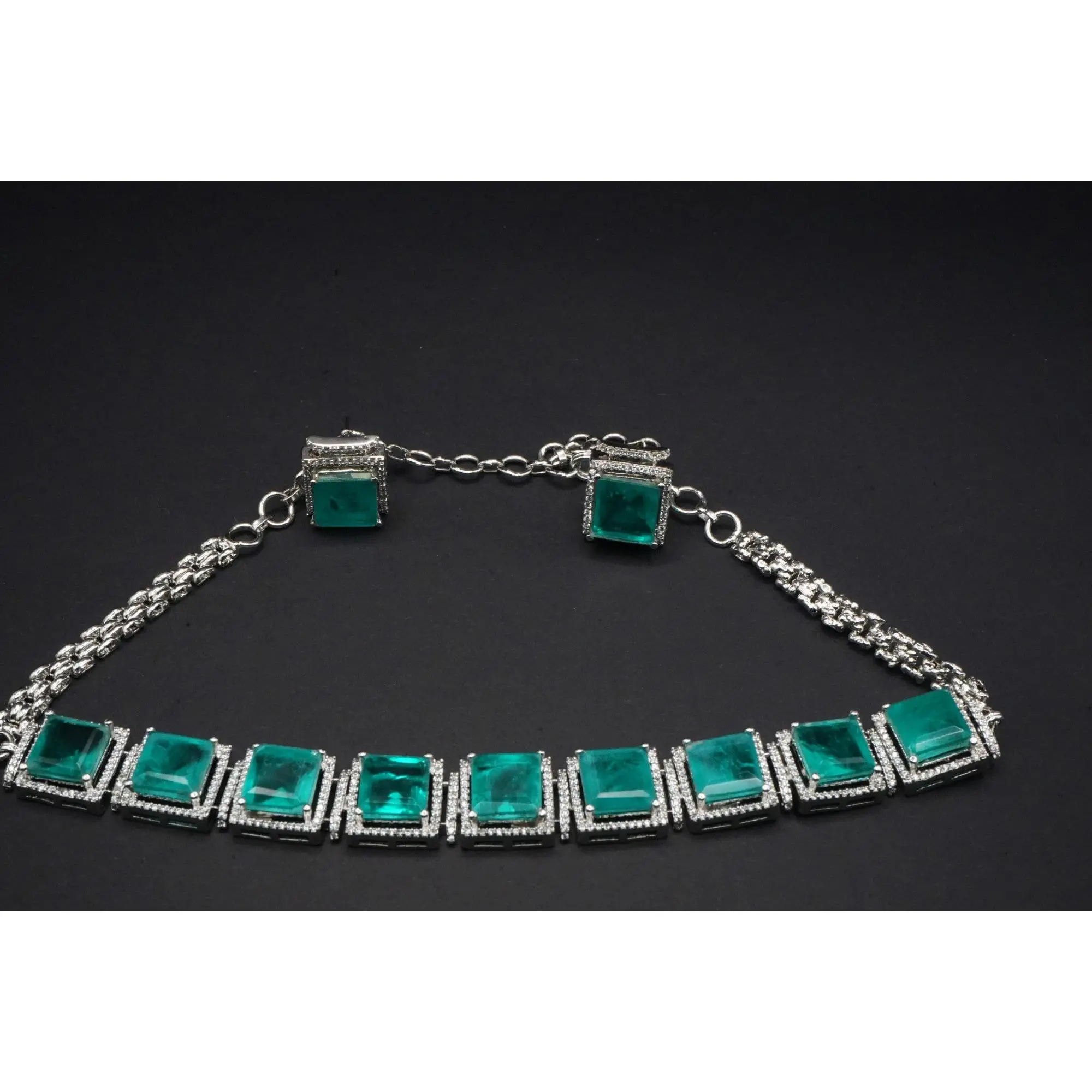 Elegant Teal Square Cut Necklace and Earrings Set