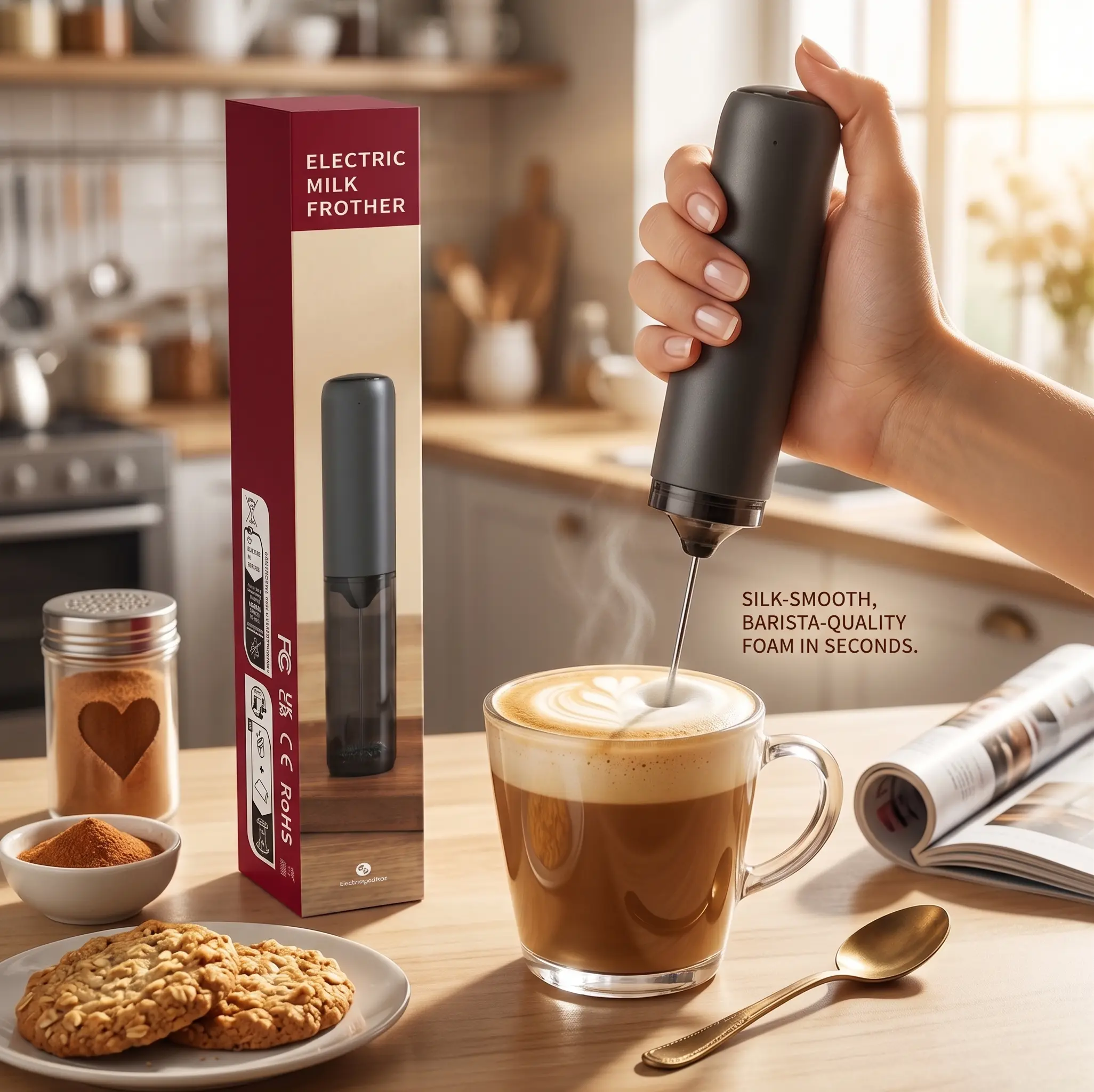 This USB rechargeable milk frother is a portable electric whisk for handheld use. It can mix and create foam for drinks including coffee, lattes, matcha tea and hot cocoa.