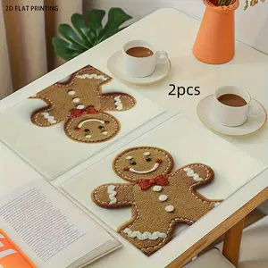 2D flat printing, 2-piece/4-piece 6-piece set, cute Christmas gingerbread man pattern abstract art placemat - suitable for holiday catering and kitchen restaurant coffee table decoration, party decoration, Thanksgiving Halloween Christmas gifts