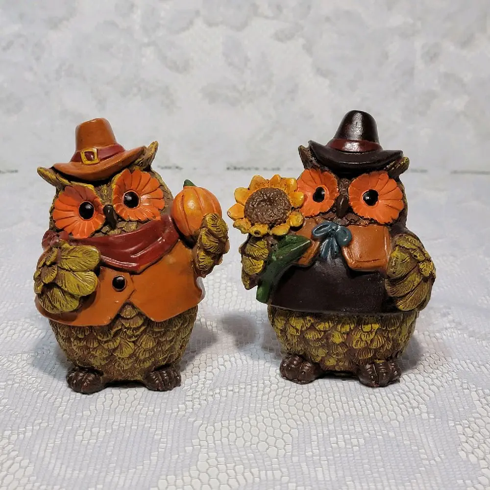Vintage Thanksgiving Pilgrim Adorable Owl Figurines with Pumpkin and Sunflower