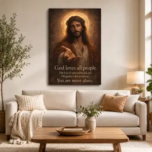 God Loves All People Jesus Canvas Print, Christian Wall Art, Religious Inspirational Poster, Jesus Crown of Thorns Artwork, Faith Hope Love Decor for Living Room, Bedroom, Prayer Room, Church, Office, Hallway, Entryway, Gift for Christians