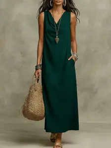 2026 Summer Dress for Women, Sleeveless V-Neck Chic Casual Boho Elegant Long Dress, Casual Wear Daily Wear Fashionable Skirt, Stylish and Comfortable Everyday Clothing, Casual Boho Sundress