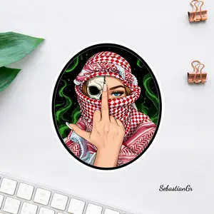 Palestine Keffiyeh Woman Sticker, Middle East Aesthetic Art Decal, Bold Character Vinyl Sticker