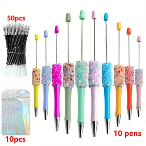 10 Set Petal Glitter Beadable Ballpoint Pens include 10 Retractable Diamond Bead Pen with 50 Pen Refills 10 Pen Bags Plastic DIY Bling Pens Cool Shaft Beaded Pen Black Ink for DIY Making Party Office