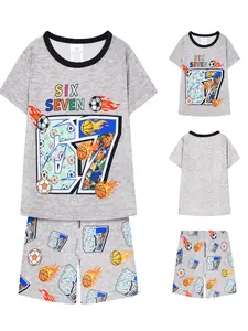 Boys' 2-Piece Short Set Digital Print Football Basketball Cartoon Pattern, Casual Comfortable Home Sleepwear, Fitted H-Type, Fun Cartoon Patterns, Matching Shorts