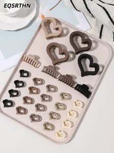 28pcs curry color love keel square hair clip set, autumn and winter brown black Morandi color hair accessories combination, square hair clip 4cm small keel clip 2.5cm love small clip, ladies daily commute to work hair binding hair decorative set